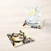 Pop Art Comic Book Pretty Woman Drinking Soda Square Paper Coaster