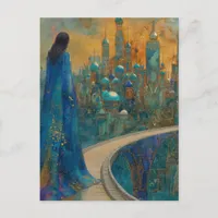 The Lady in the City Dressed in Elegant Blue Postcard