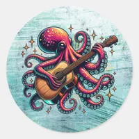 Funny Cartoon Octopus Playing Guitar Classic Round Sticker