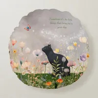 Black Cat in Flowers Round Pillow