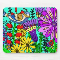 Colorful Folk Art Style Bird and Flowers Mouse Pad
