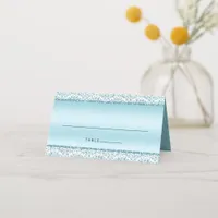 Blue Glam Damask Glitter Monogram Wedding  Place Card