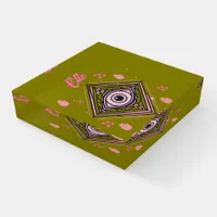 Hamsa Hand with Evil Eye and Hearts Pink on olive Paperweight