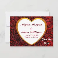 Gold Heart Frame & Red Fabric Pattern Couple Save The Date