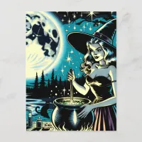 Vintage Halloween Witch stirring a Cauldron Postcard