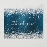 Silver Glitter Ocean Blue Foil Birthday Thank You Postcard