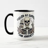 Funny "Fueled by Coffee and Anxiety" Skeleton Mug