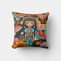 Retro Hippie Girl Throw Pillow