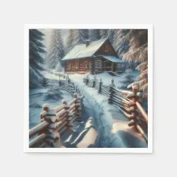 Winter Log Cabin on a Snowy Day Christmas Napkins