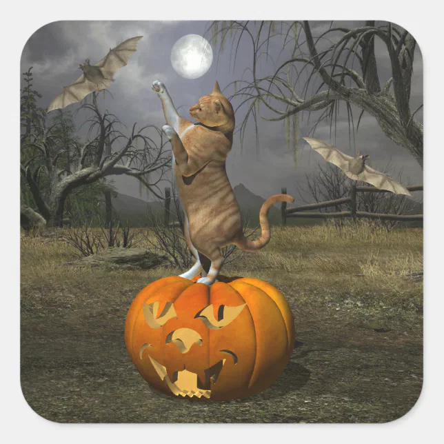 Cute Halloween Orange Cat Batting Bats Square Sticker