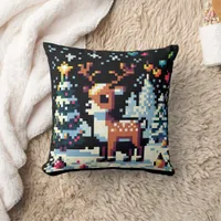 Pixel Art Reindeer in the Snow Christmas  Throw Pillow