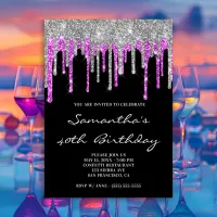 Silver and Magenta Glitter Drips Black Birthday Invitation