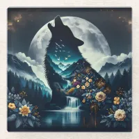 Howling Wolf | Full Moon Ai Art Glass Coaster