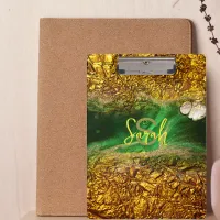 Abstract Fluid Paint Gold Metallic Foil Green Name Clipboard