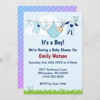 Cute Boy on Clothesline Boho Baby Shower Invitation