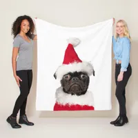 Cute Festive Christmas Black Pug Santa Hat Fleece Blanket