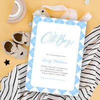 Simple Light Blue Gingham Plaid Boy Baby Shower Invitation