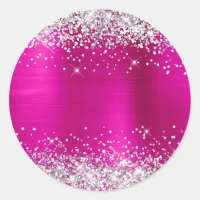 Silver Glitter Metallic Hot Pink Blank Classic Round Sticker