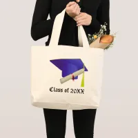 Class of 20XX Graduation Blue Cap & Diploma Large Tote Bag