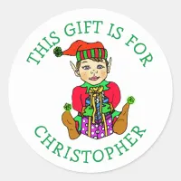 This Gift is For, Boy Elf with Gift Classic Round Sticker