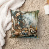 Native American Woman Sitting By River With Tiger Throw Pillow