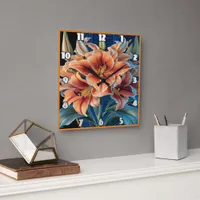 Orange Lilies Bloom on Blue Square Wall Clock