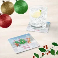 Cartoon Animals Dancing Around the Christmas Tree Square Paper Coaster