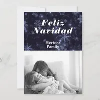 Feliz Navidad Photo & Snowflakes on Blue Flat Card