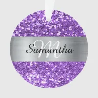 Sparkly Purple Glitter Silver Foil Monogram Ornament