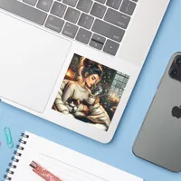 Cozy Scene | Woman Drinking Cocoa with Cat Sticker