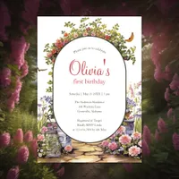 Whimsical Enchanted Garden Girl 1st Birthday Invitation