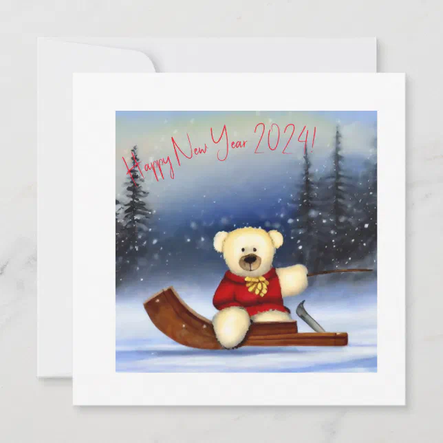 Bear on a sledge in the snow new year
