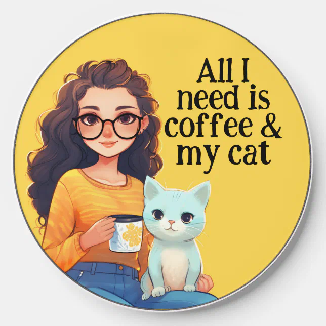 Happiness is Coffee & Cat Cute Yellow Wireless Charger