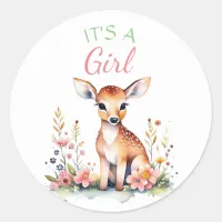 Baby Deer in Flowers | It's a Girl Baby Shower Classic Round Sticker