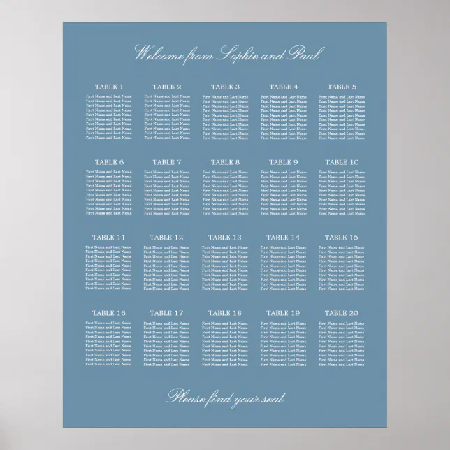 Dusty Blue 20 Table Wedding Seating Chart Poster