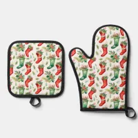 Watercolor Red and Green Christmas Stockings Oven Mitt & Pot Holder Set