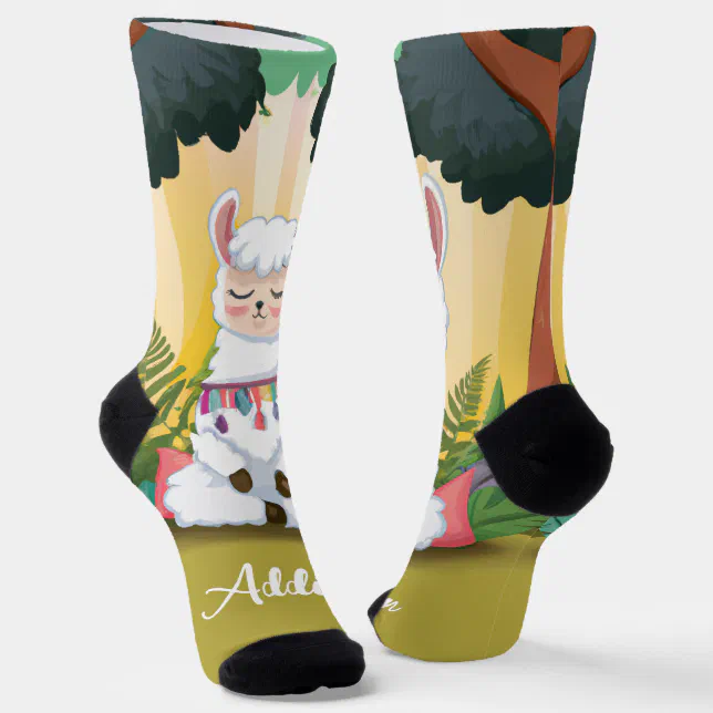 Cute Llama Meditating in Magical Forest Socks