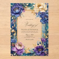 Transparent Teal, Purple, and Gold Floral Wedding Acrylic Invitations