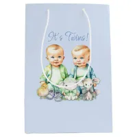 Blue, Green Twins Watercolor Baby Shower Medium Gift Bag