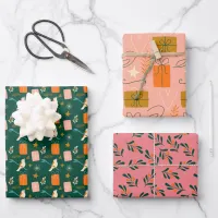 Pink Green Christmas Set of 3 Wrapping Paper Sheets