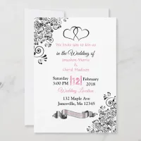 Pink, Black and White Hearts Wedding Invitations