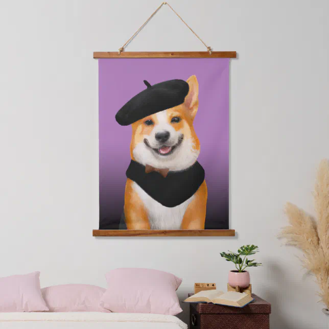 Cute Chic Corgi Dog Wearing Beret & Bandana Hanging Tapestry