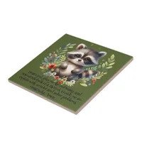 Raccoon Woodland Kids Christian Prayer on Green | Ceramic Tile