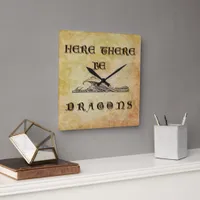 Here There Be Dragons Square Wall Clock