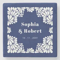 Mexican Navy Blue Talavera Wedding Stone Coaster