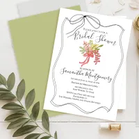 Simple Hand Drawn Bow Green Bridal Shower Bouquet Invitation