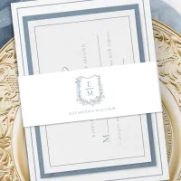 Elegant Dusty Blue Floral Monogram Crest Wedding Invitation Belly Band