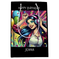 Pop Art Girl in Headphones Birthday Personalized Medium Gift Bag