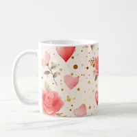 Valentine's Pink Watercolor Roses and Hearts  Coffee Mug