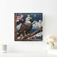 Majestic Eagle Perched on a Branch in Mountains Square Wall Clock